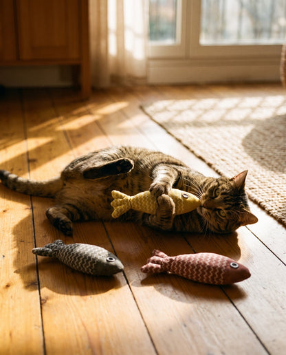 Hemp Catnip Fish Kicker Toy, in use at home