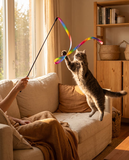 Rainbow Ribbon Teaser Wand, in use at home