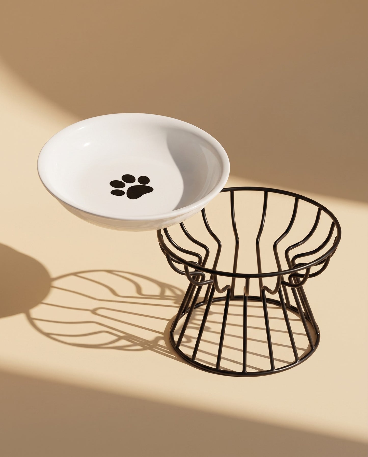 Ceramic Cat Bowl on Raised Stand, styled in a home setting