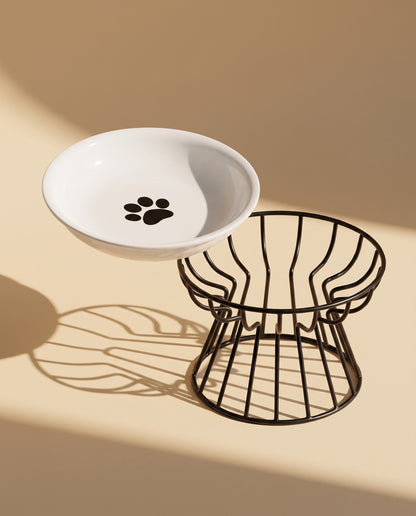 Ceramic Cat Bowl on Raised Stand, styled in a home setting