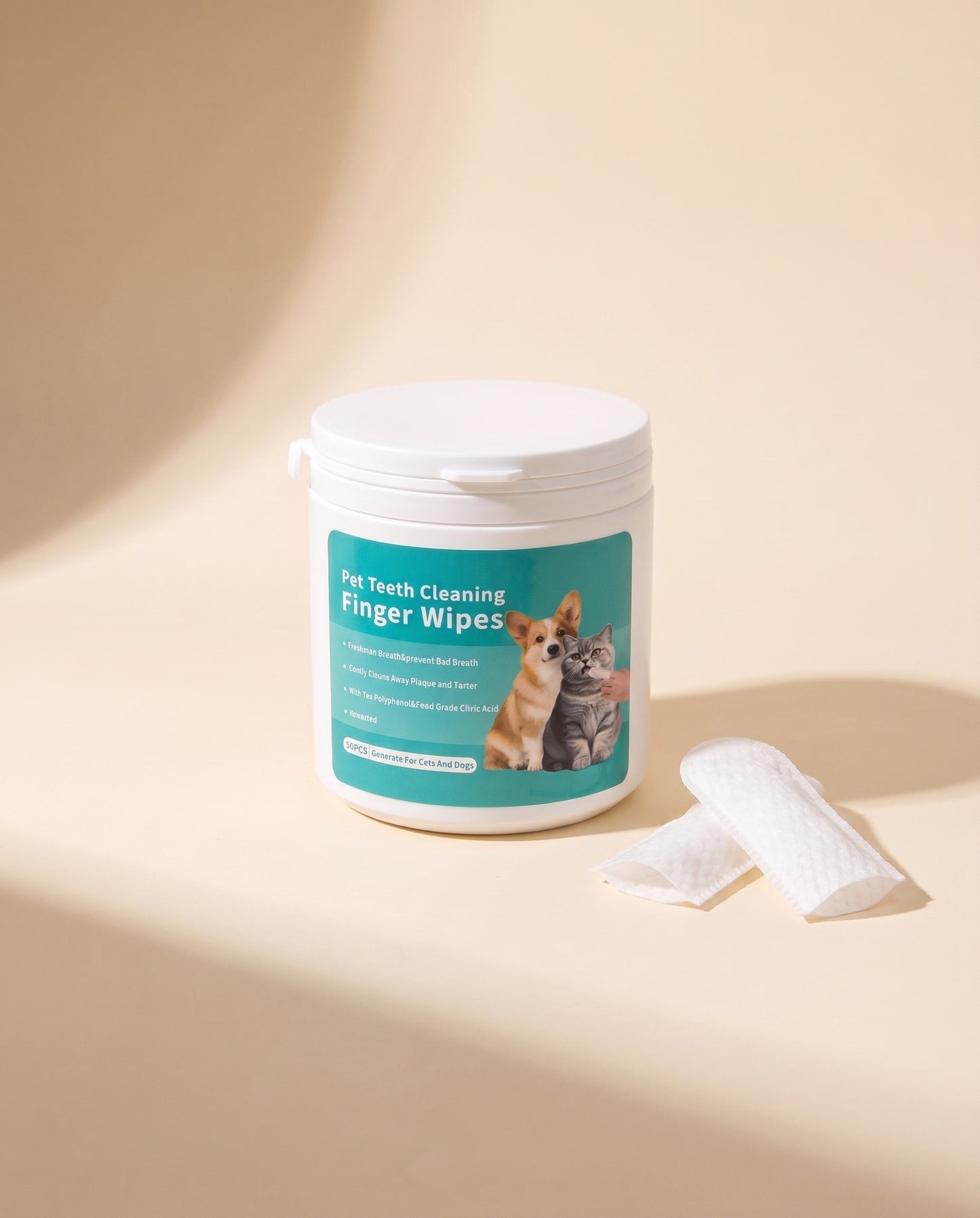 Teeth-Cleaning Finger Wipes, 50 Pack, styled in a home setting