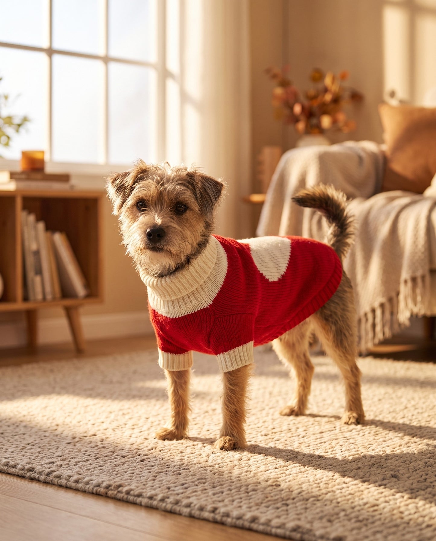 Red Heart Knitted Festive Pet Sweater, XS to 3XL, in use at home