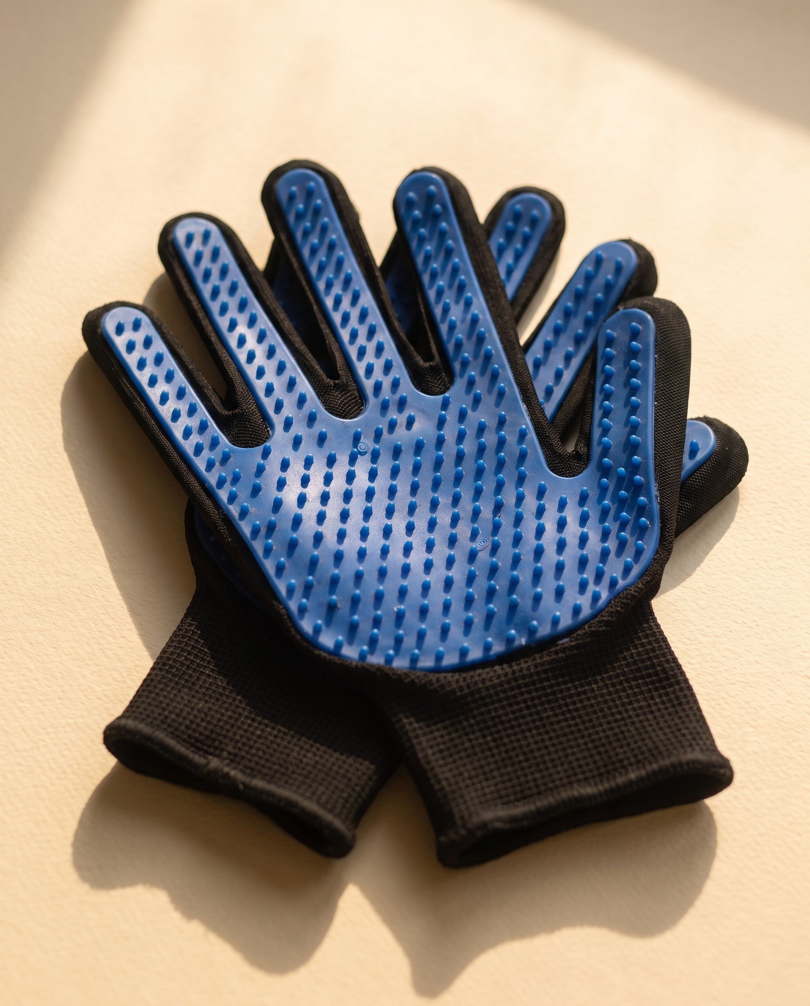 Silicone Deshedding Grooming Glove, styled in a home setting