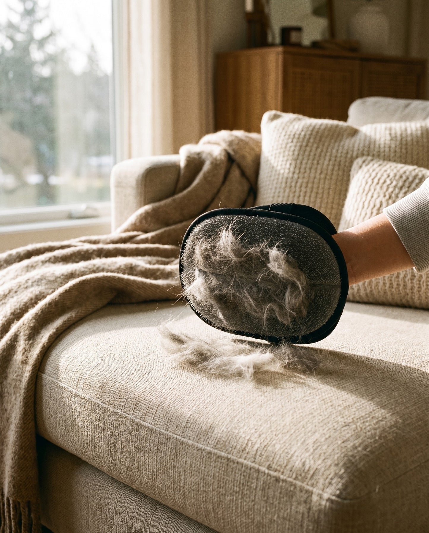 Reusable Pet Hair Removal Mitt, in use at home