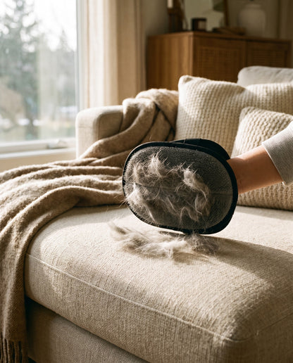 Reusable Pet Hair Removal Mitt, in use at home