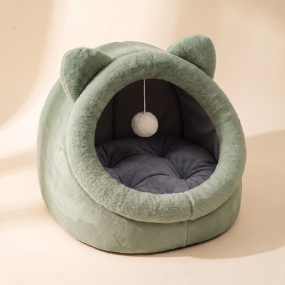 Cat-Face Tent Cave Bed - sage green
