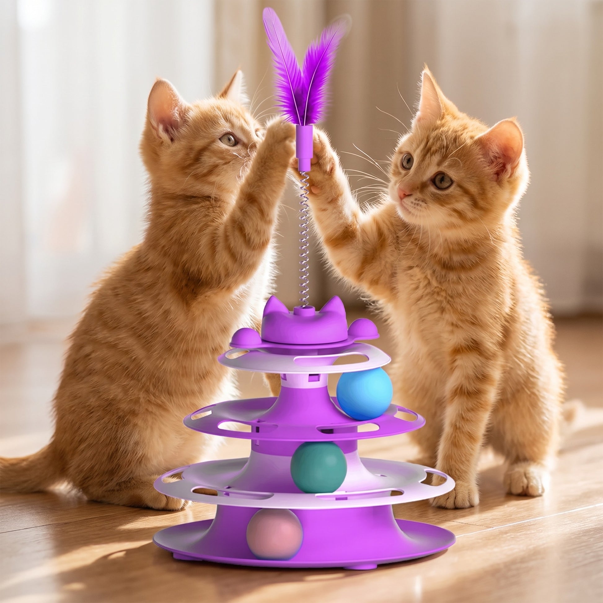 Three-Tier Turntable Cat Toy with Feather, in use at home