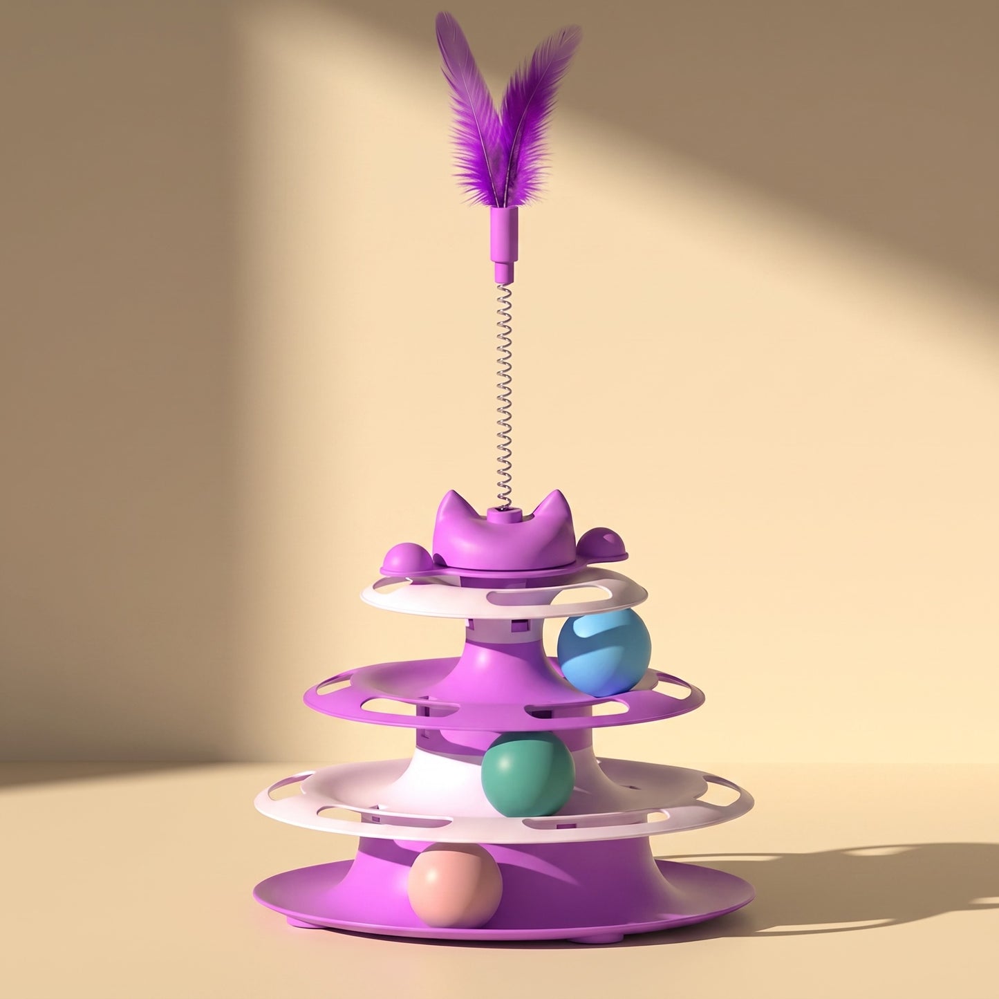 Three-Tier Turntable Cat Toy with Feather, styled in a home setting
