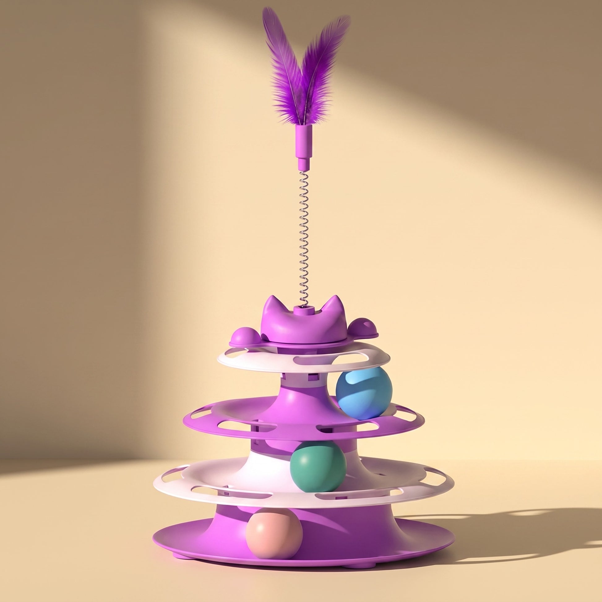 Three-Tier Turntable Cat Toy with Feather, styled in a home setting