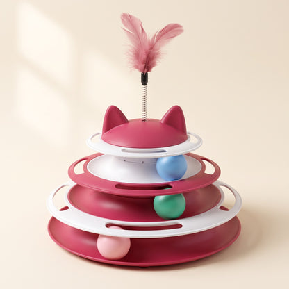 Three-Tier Turntable Cat Toy with Feather, var pink