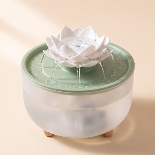 Flower Cat Water Fountain, Green lid, lotus