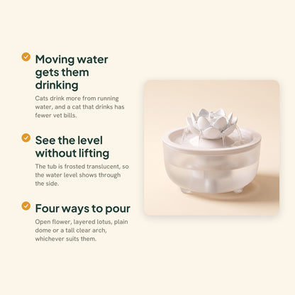 Flower Cat Water Fountain, White lid, lotus, key benefits