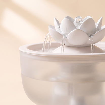 Flower Cat Water Fountain, White lid, lotus, close-up detail