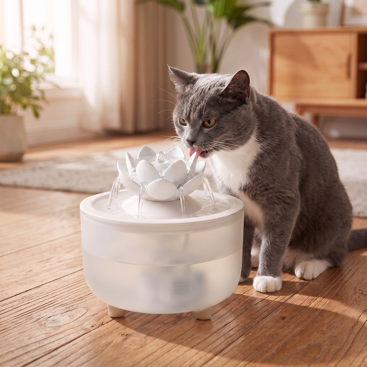 Flower Cat Water Fountain, White lid, lotus, in use