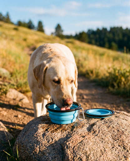 Collapsible Travel Bowl with Carabiner, in use at home