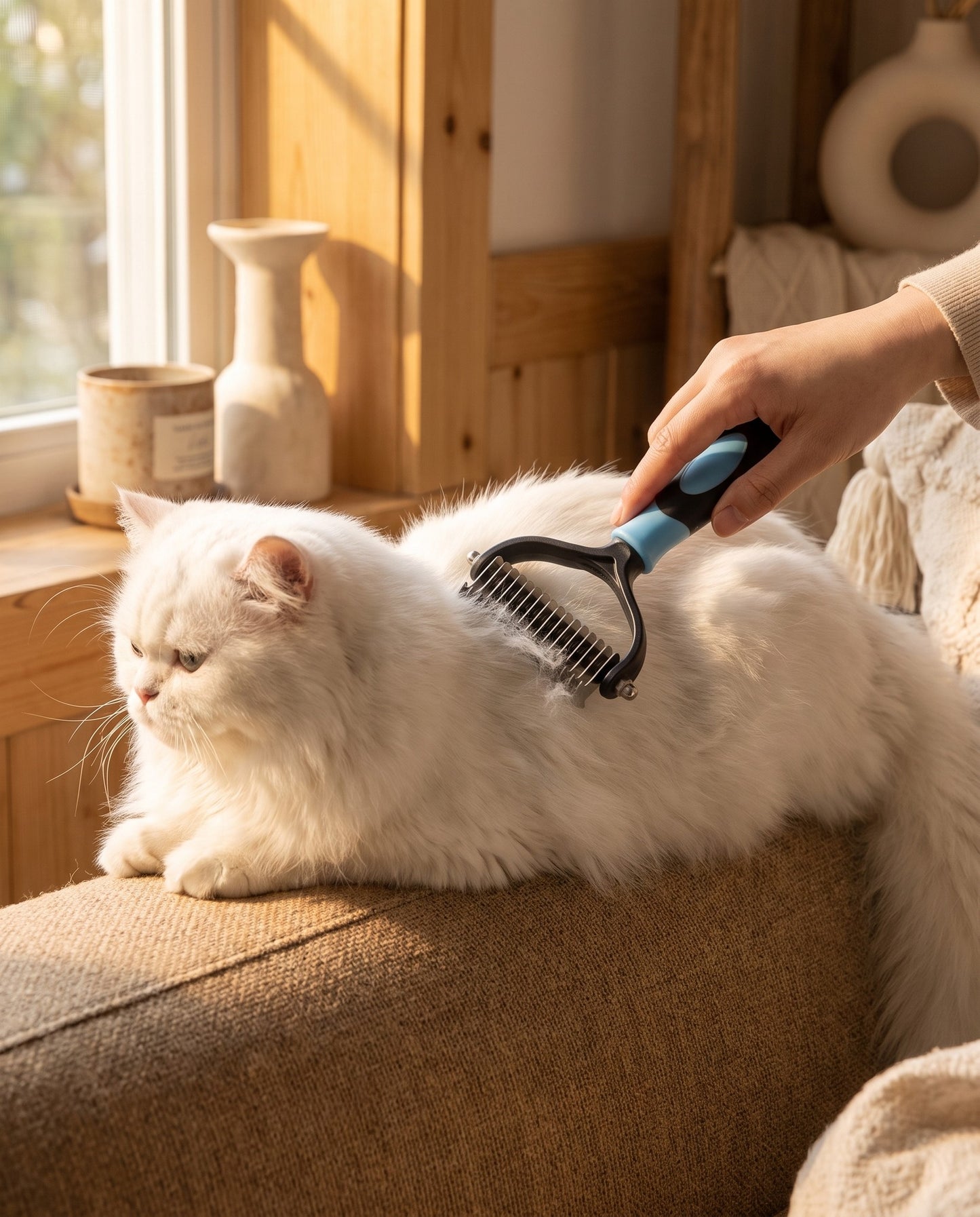 Two-Sided Dematting and Deshedding Rake, in use at home