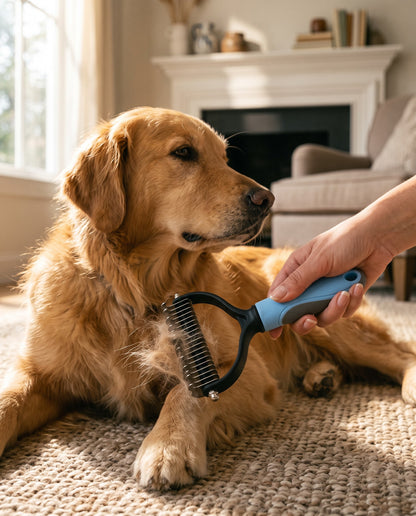 Extra-Wide Dual-Sided Dematting Brush, in use at home