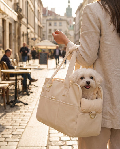 Structured Canvas Dog Carrier Handbag, in use at home