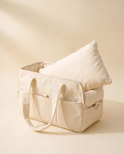 Structured Canvas Dog Carrier Handbag, styled in a home setting