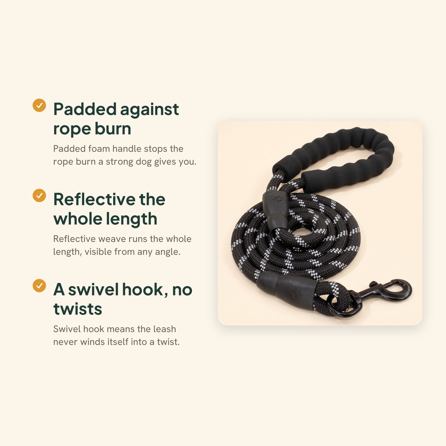 Reflective Rope Leash with Padded Handle, key benefits