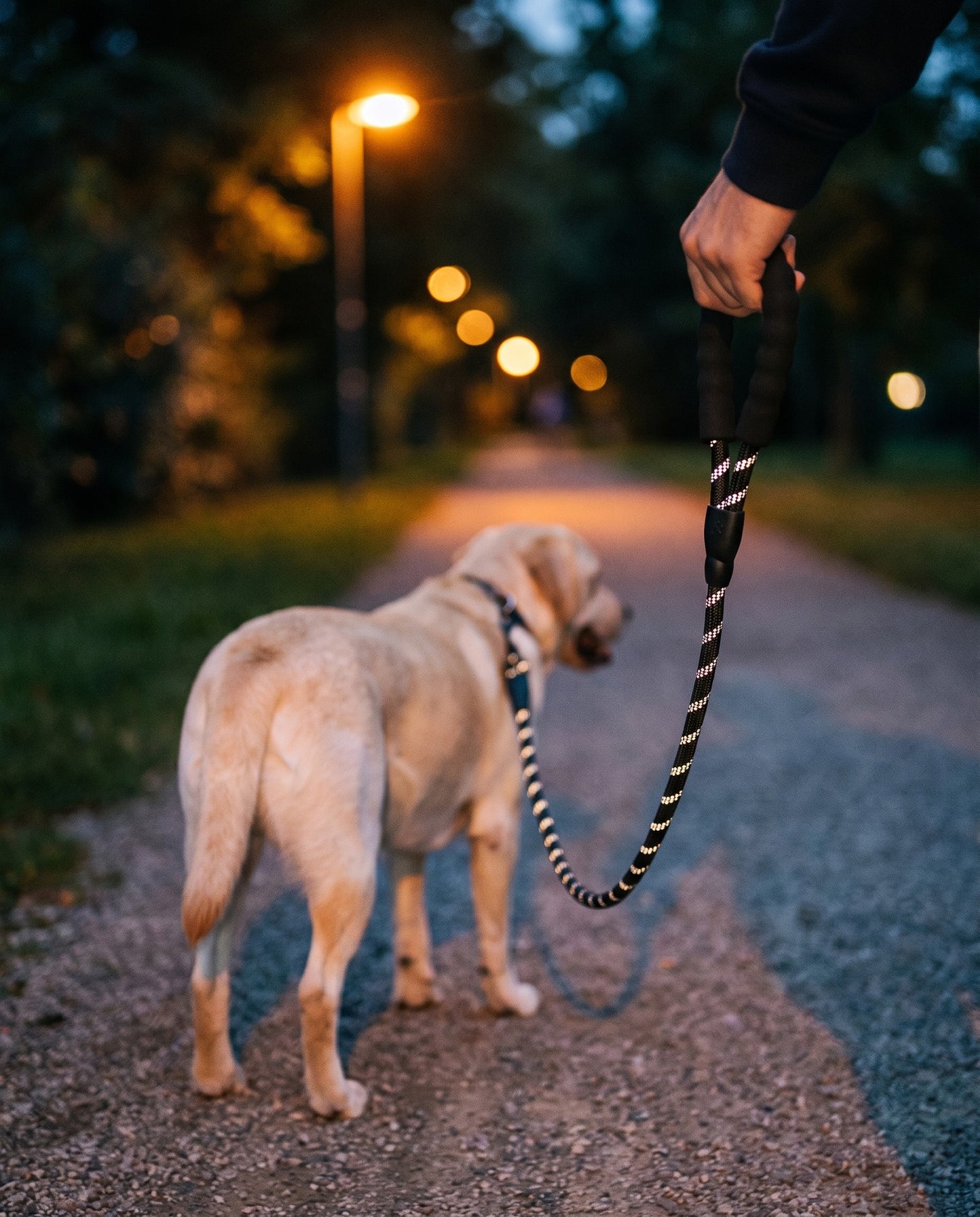 Reflective Rope Leash with Padded Handle, in use at home