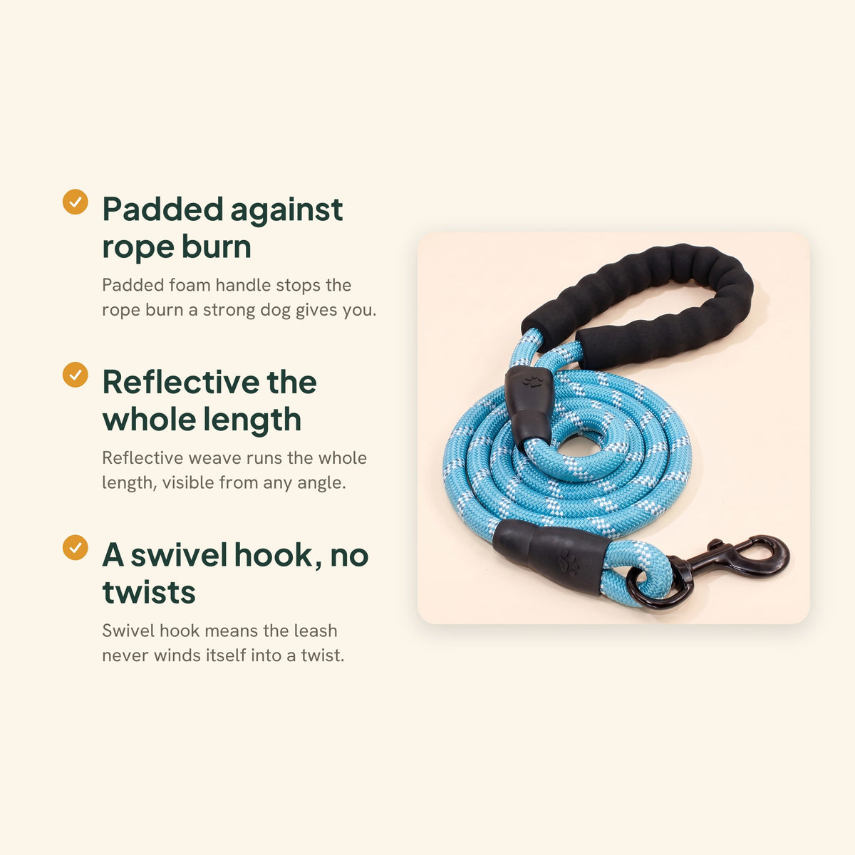 Reflective Rope Leash with Padded Handle, Blue, key benefits