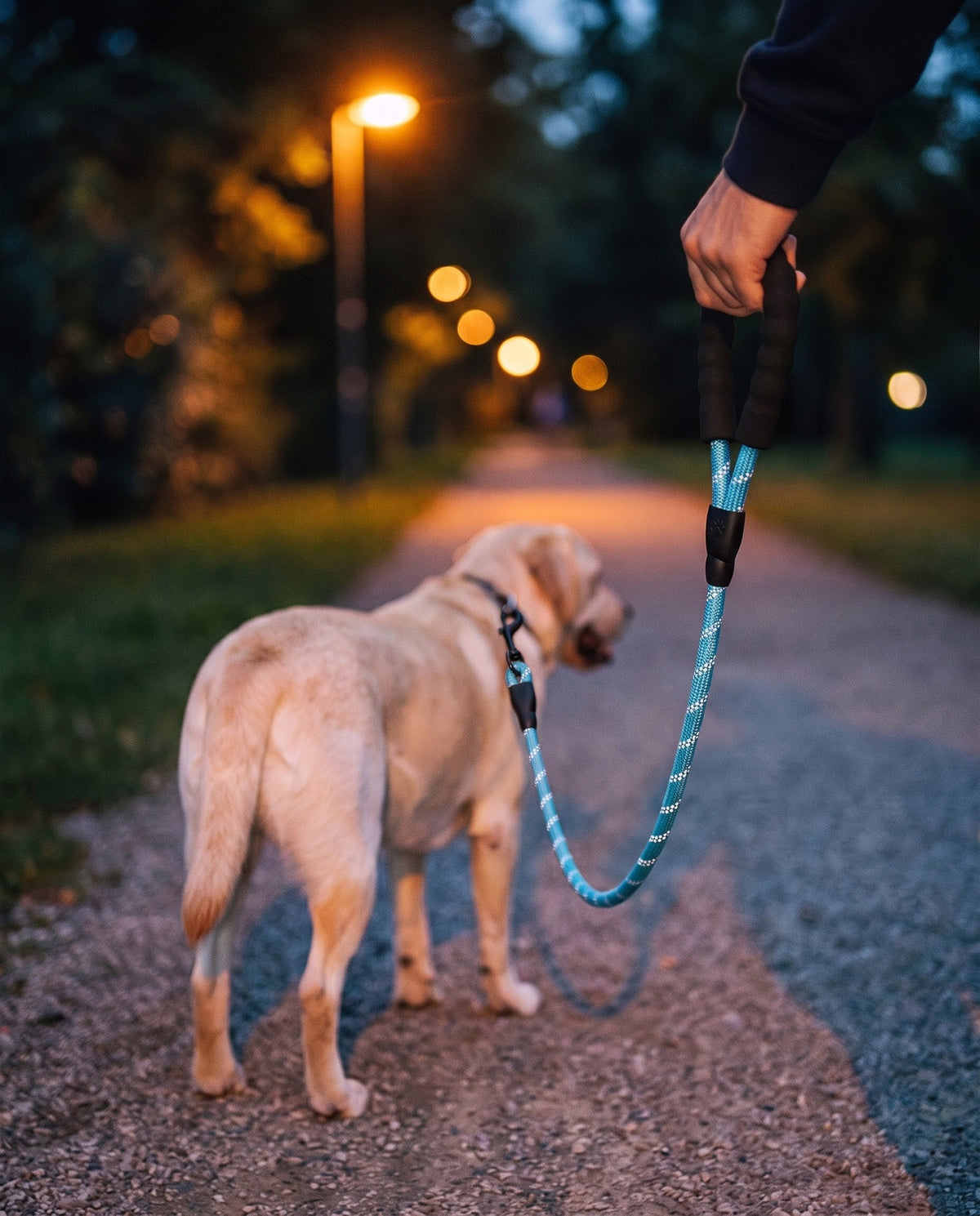 Reflective Rope Leash with Padded Handle, Blue, in use