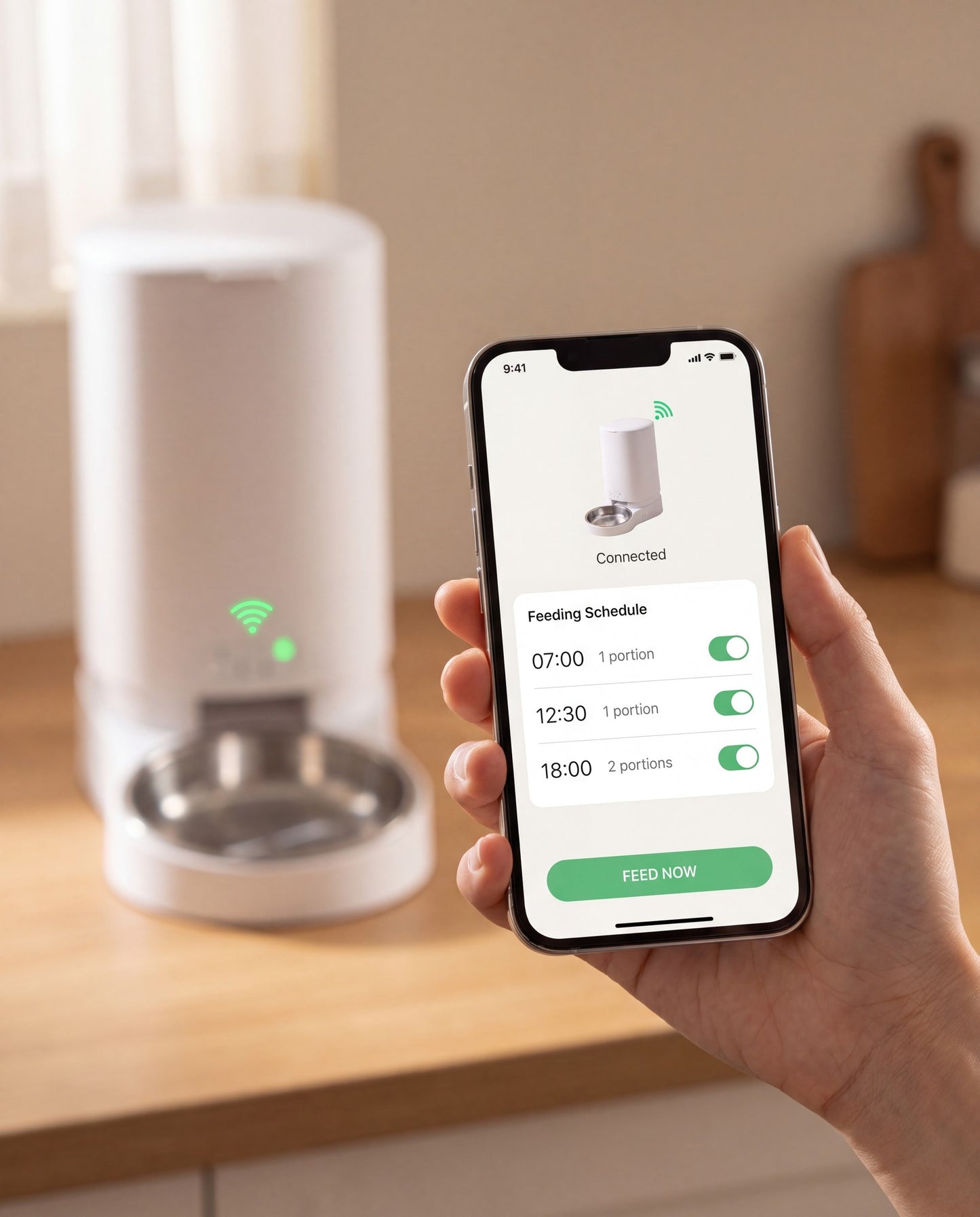 Smart WiFi Automatic Feeder, 4L, styled in a home setting