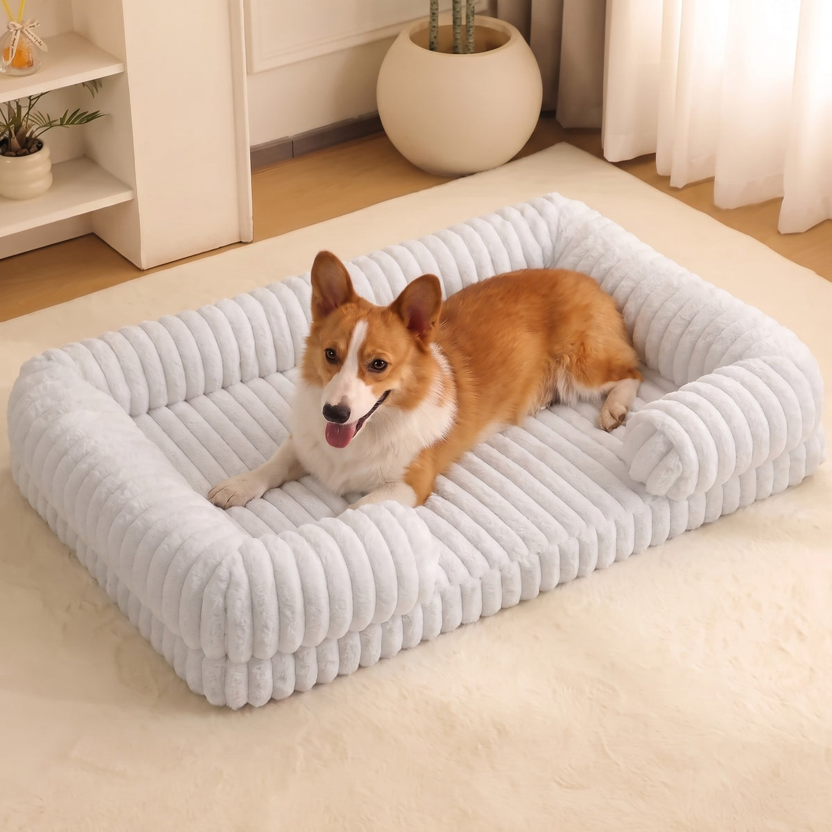 Calming Orthopedic Bolster Bed, White, in use