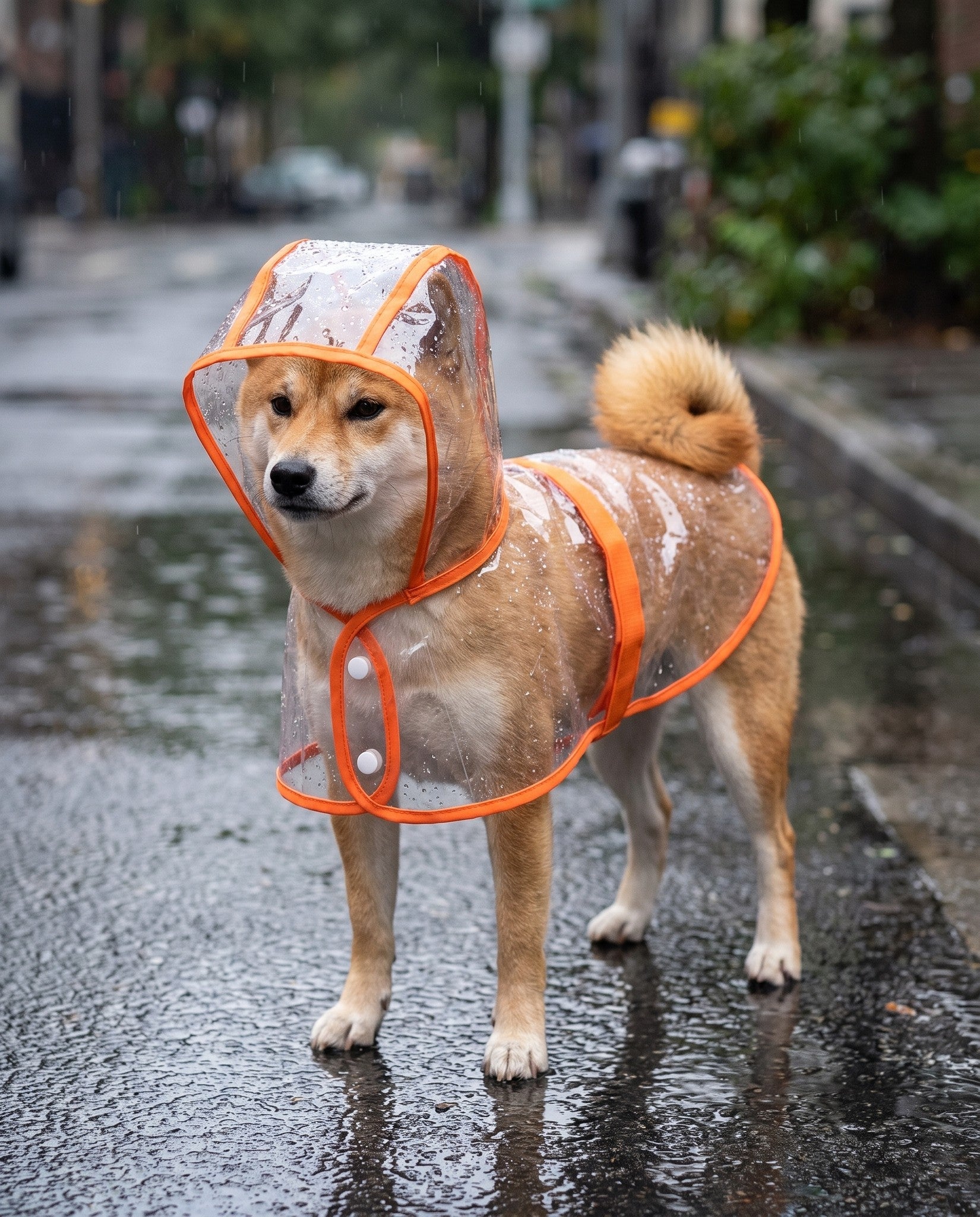 Transparent Hooded Dog Raincoat, in use at home