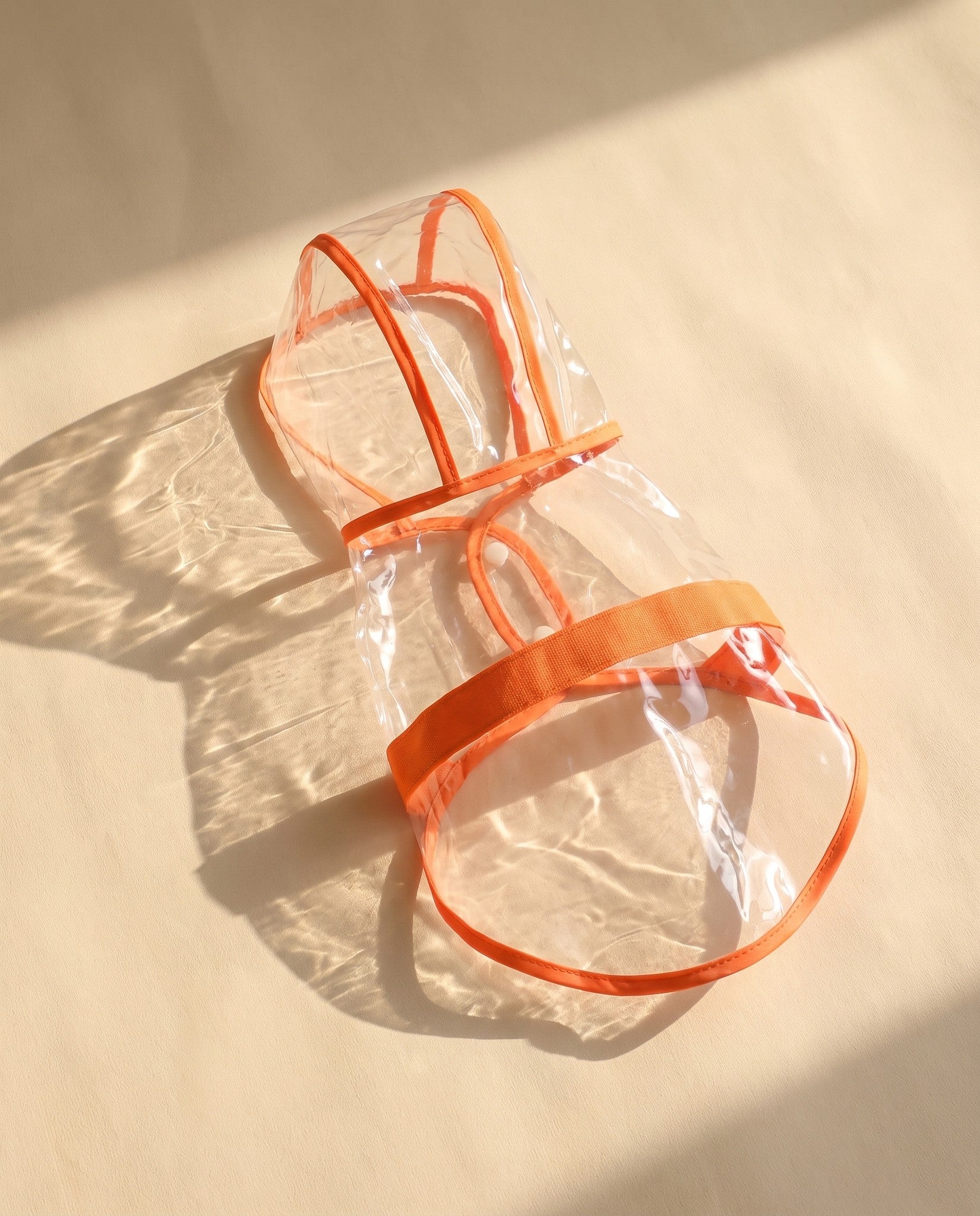 Transparent Hooded Dog Raincoat, styled in a home setting