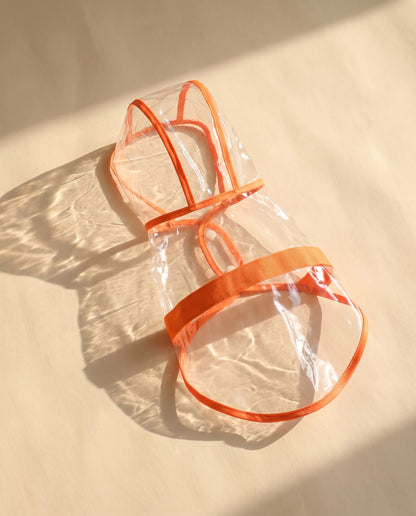 Transparent Hooded Dog Raincoat, styled in a home setting