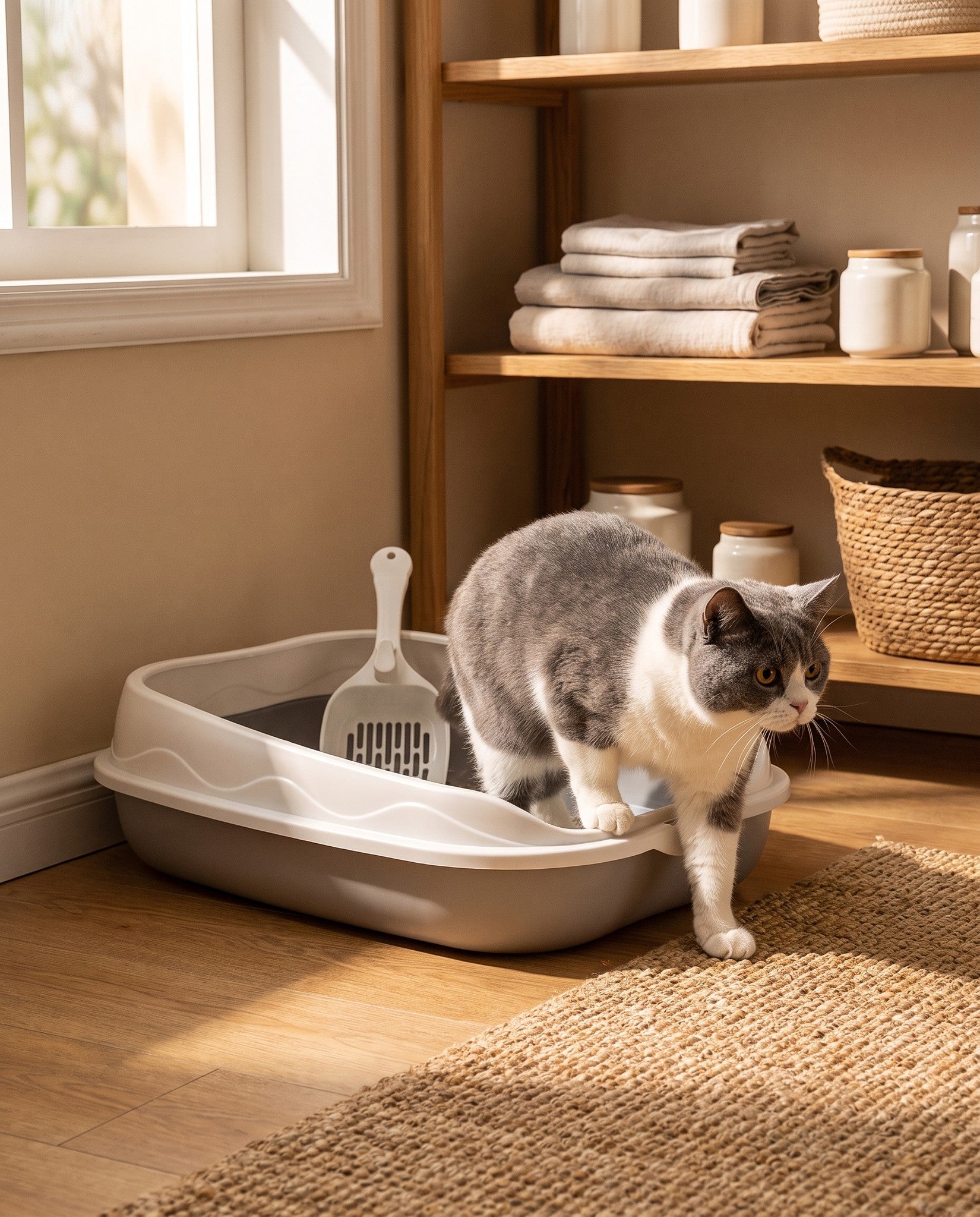 Splash-Proof High-Rim Litter Box, in use at home