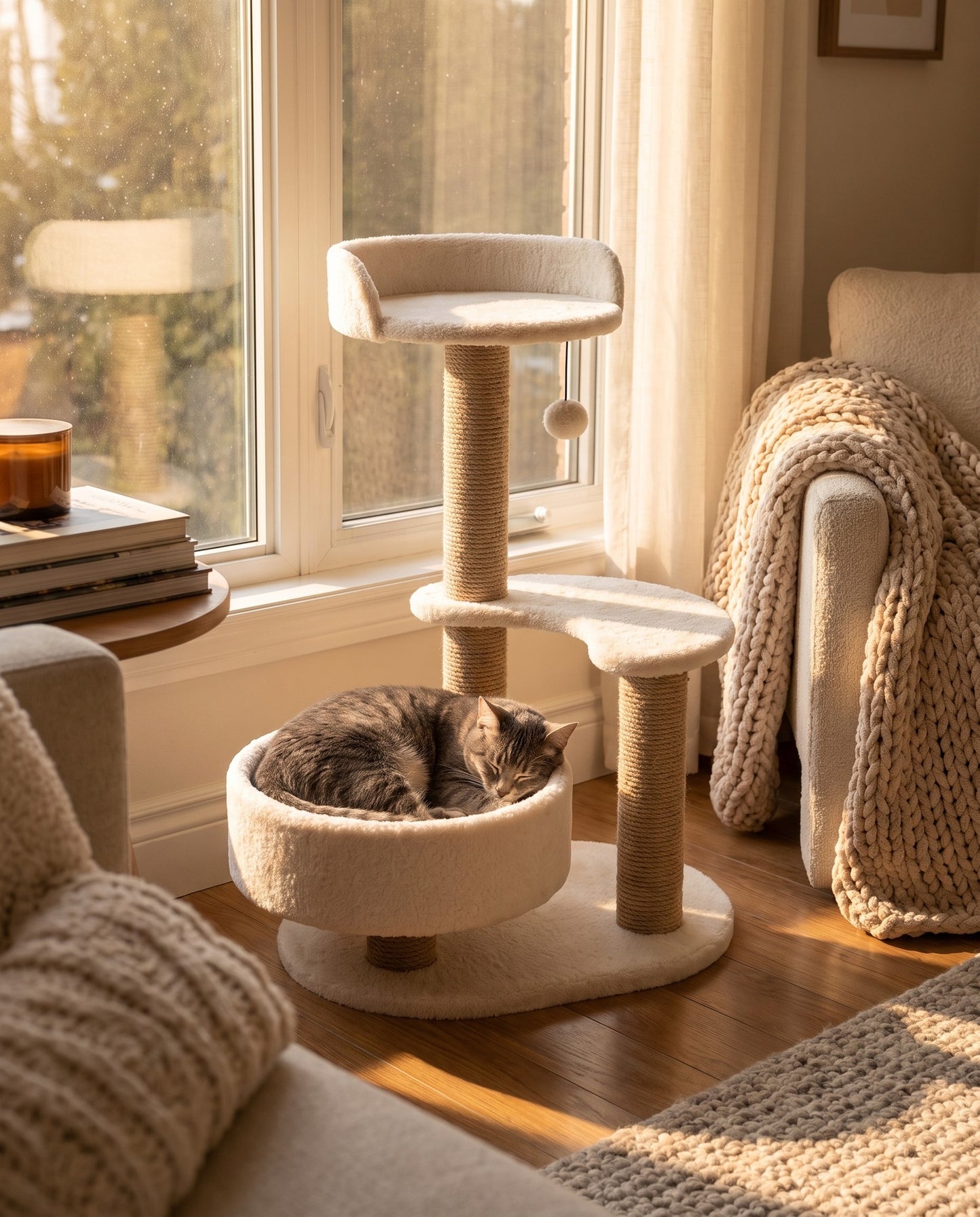 Small Sisal Cat Tree with Bowl Bed, in use at home