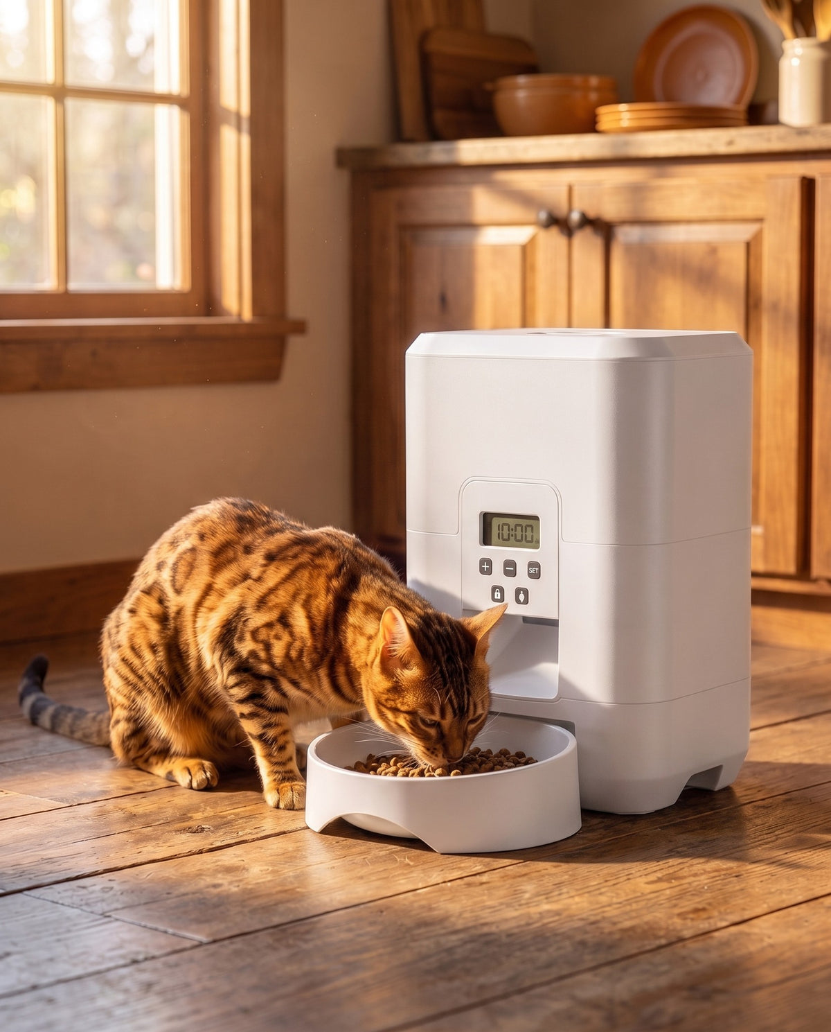 Automatic Pet Feeder, 2 L, White, in use