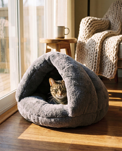 Plush Burrow Cave Bed for Cats, in use at home
