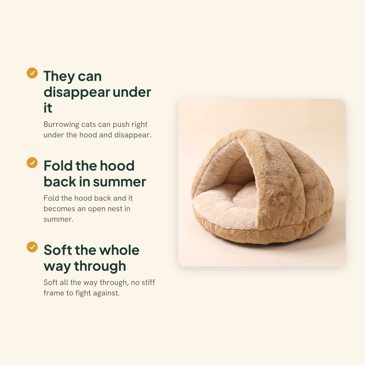 Plush Burrow Cat Bed, Khaki, key benefits