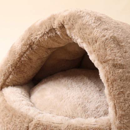 Plush Burrow Cat Bed, Khaki, close-up detail