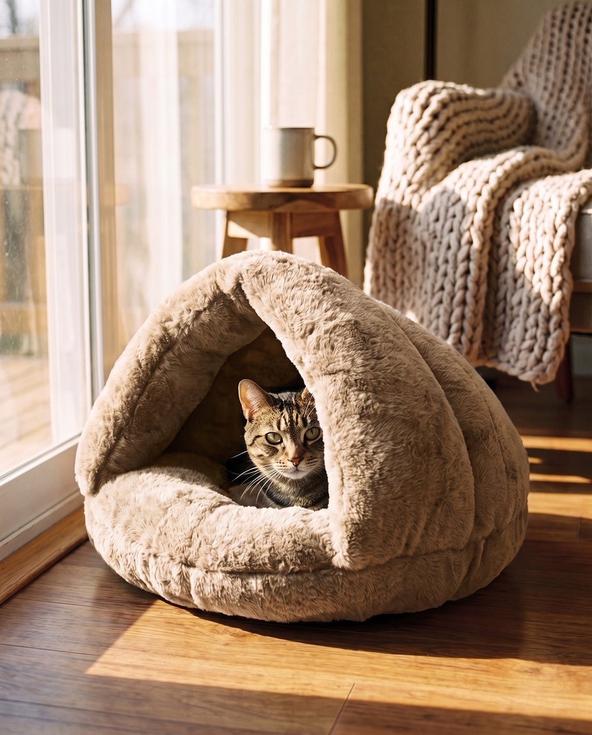 Plush Burrow Cat Bed, Khaki, in use