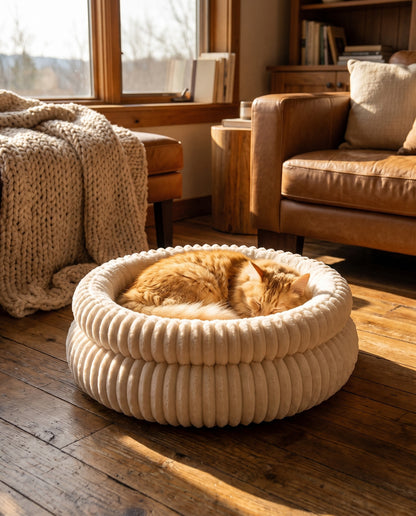 Corduroy Donut Cuddler Bed, in use at home