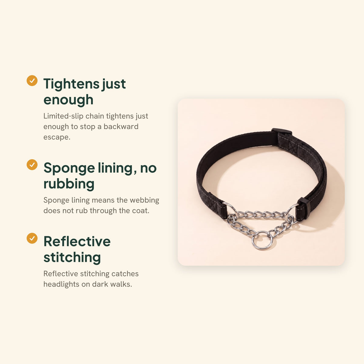 Chain Martingale Collar, Reflective, Black, key benefits