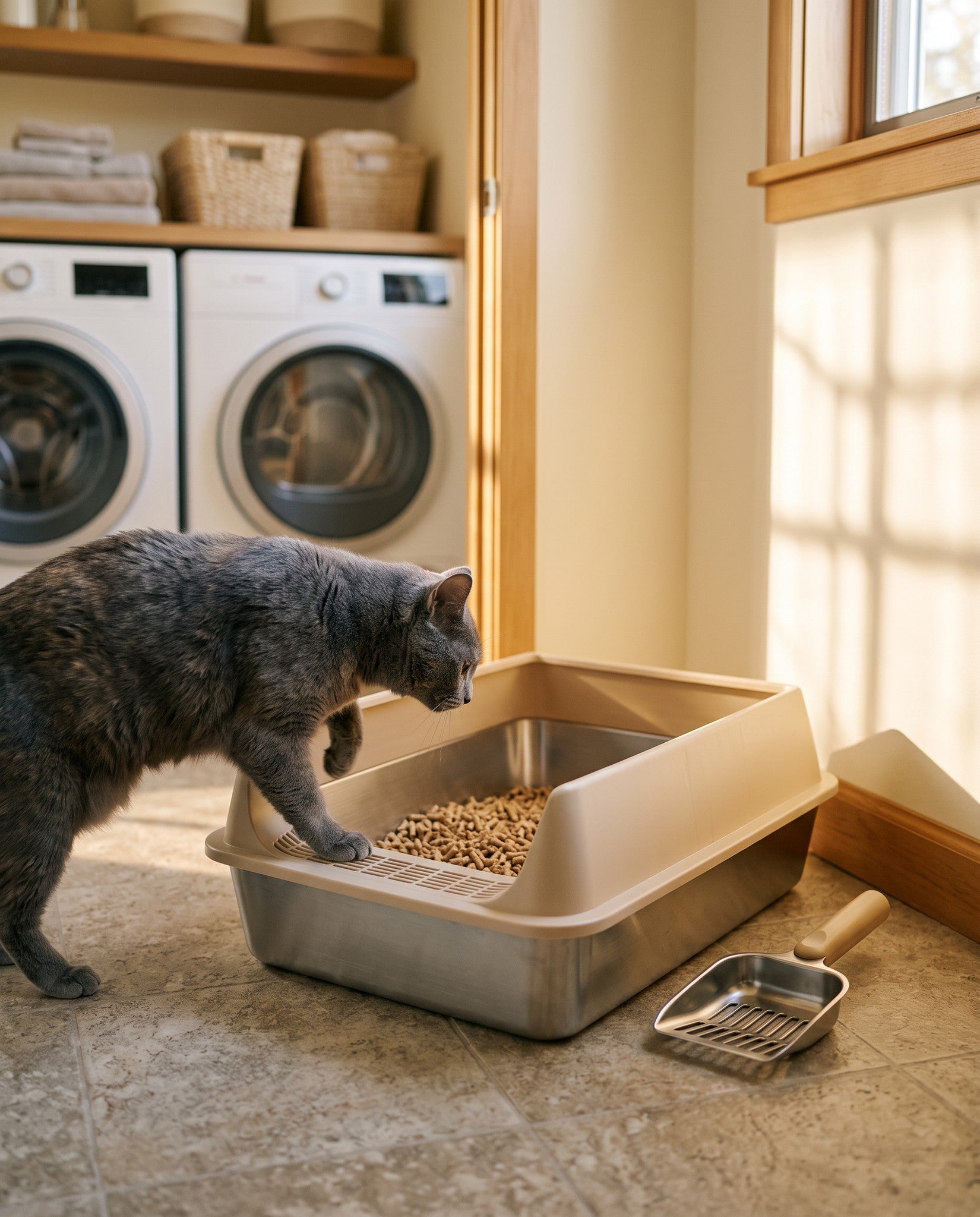 Stainless Steel Litter Box with Removable Rim, in use at home