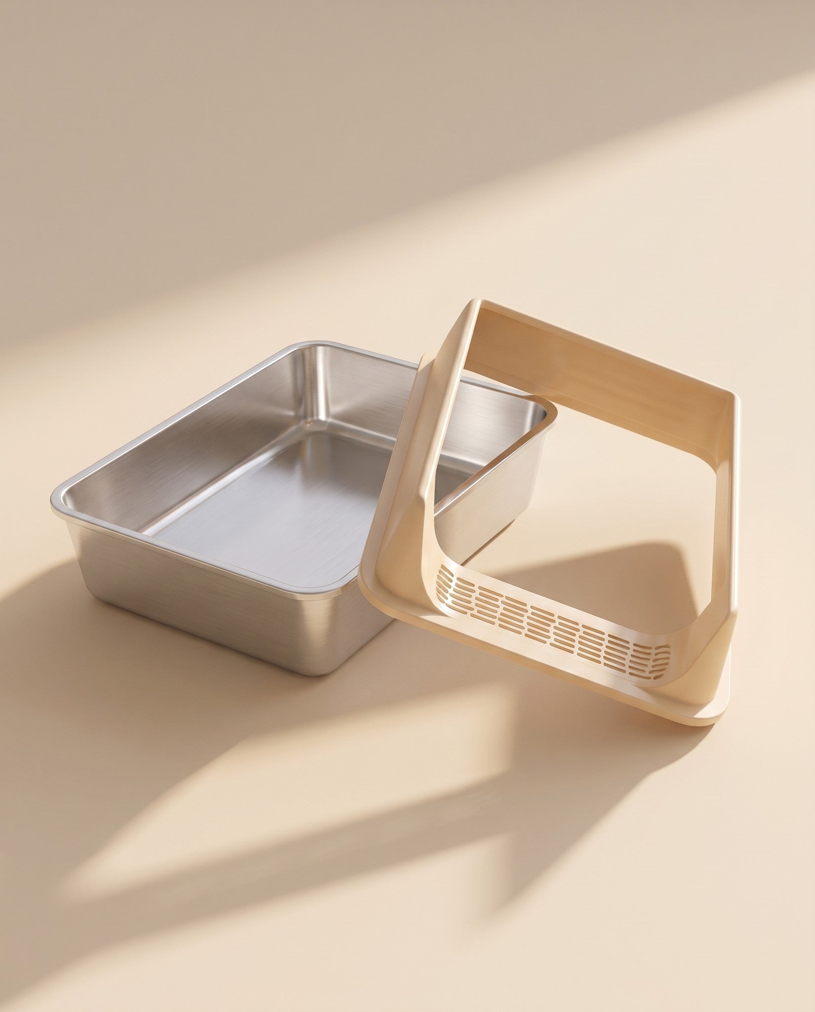 Stainless Steel Litter Box with Removable Rim, styled in a home setting
