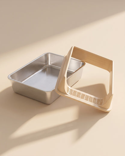 Stainless Steel Litter Box with Removable Rim, styled in a home setting