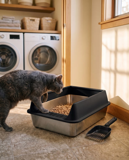 Stainless Steel Litter Box, Black, in use