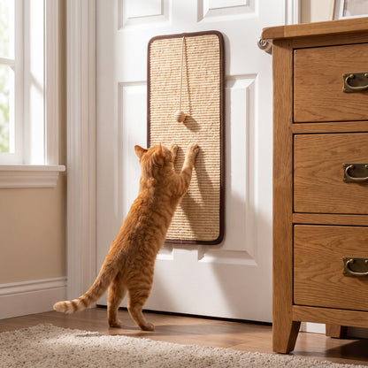 Sisal Scratch Mat with Hanging Ball, 20 x 40 cm, in use at home