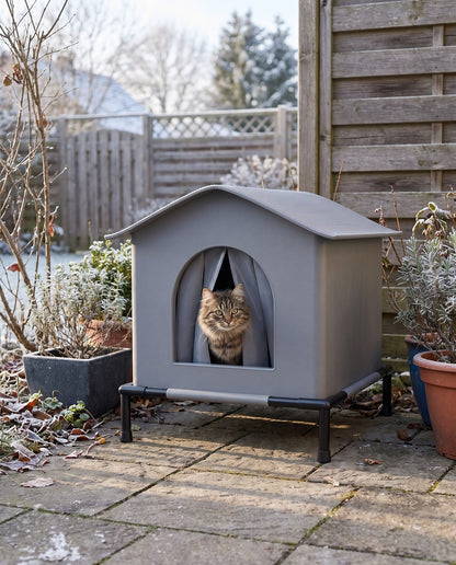 Elevated Outdoor Cat House, Weatherproof, in use at home