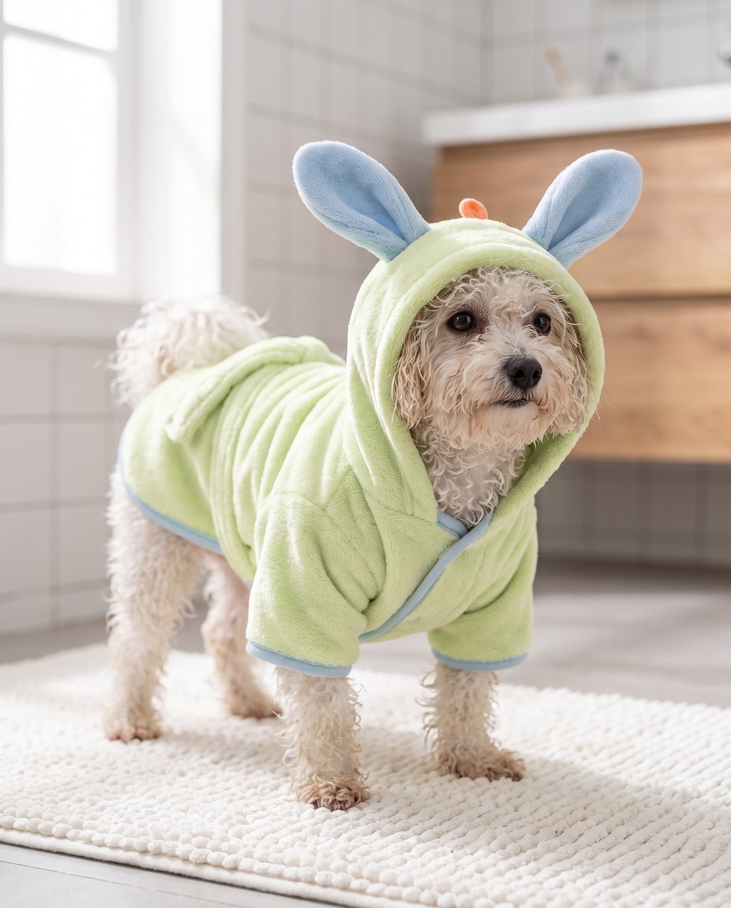 Hooded Fleece Dog Bathrobe, in use at home