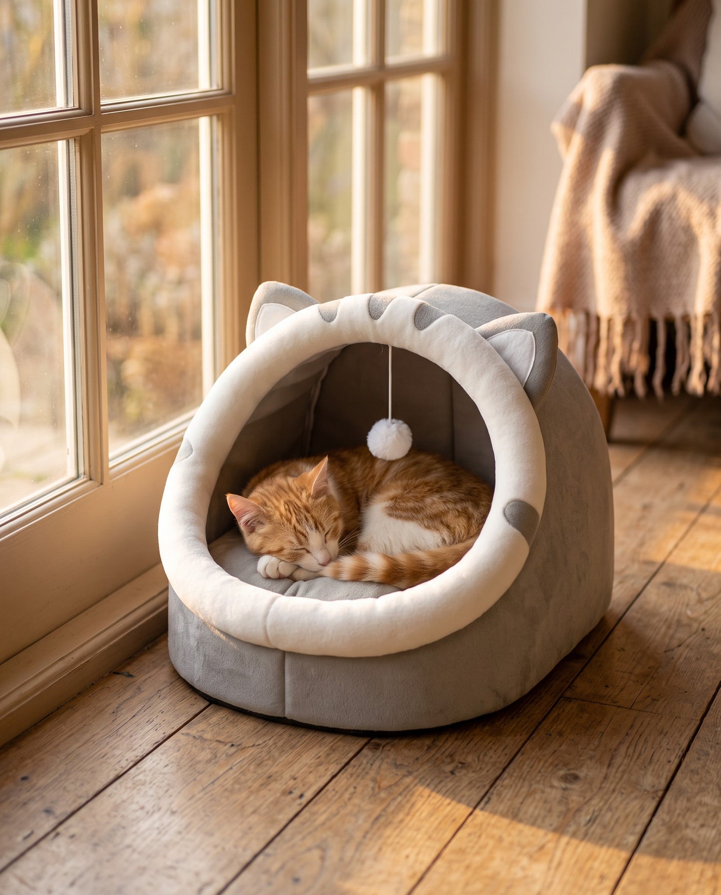 Cat-Face Hooded Cave Bed, in use at home