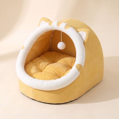 Cat-Face Hooded Cave Bed - yellow